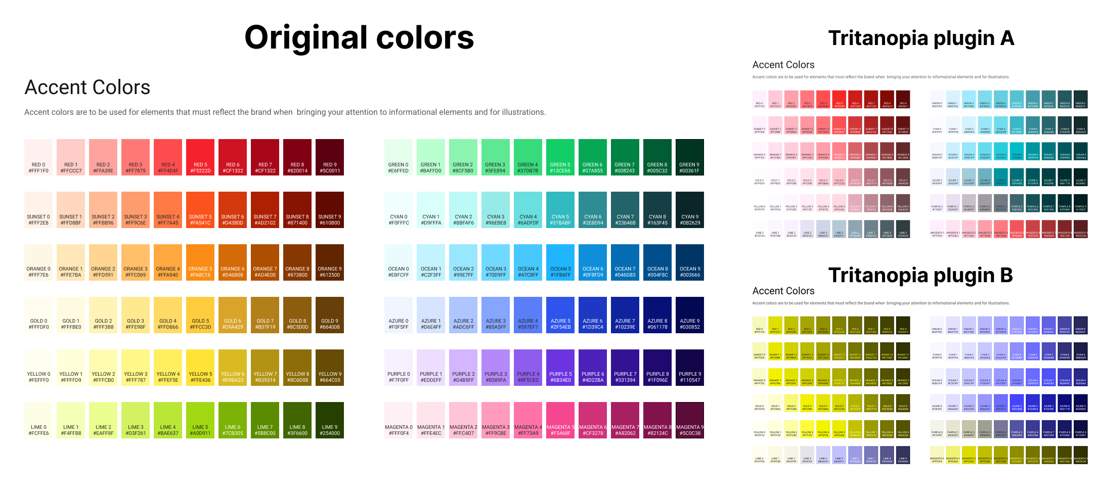 Two Tritanopia simulations of the same color palette using different Figma plugins, showing noticeably different results