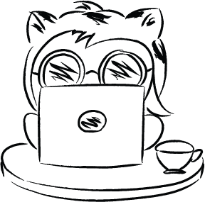 Illustrated cat character working on a laptop with a cup of coffee