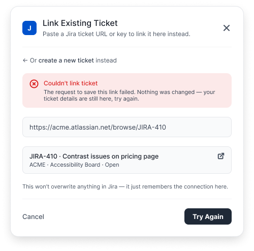 Same modal with the matched-ticket card neutralized to a plain structural style