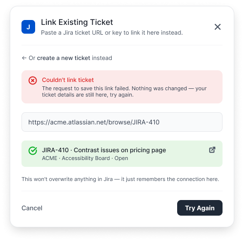 Link Existing Ticket modal with a red error banner above a green matched-ticket card