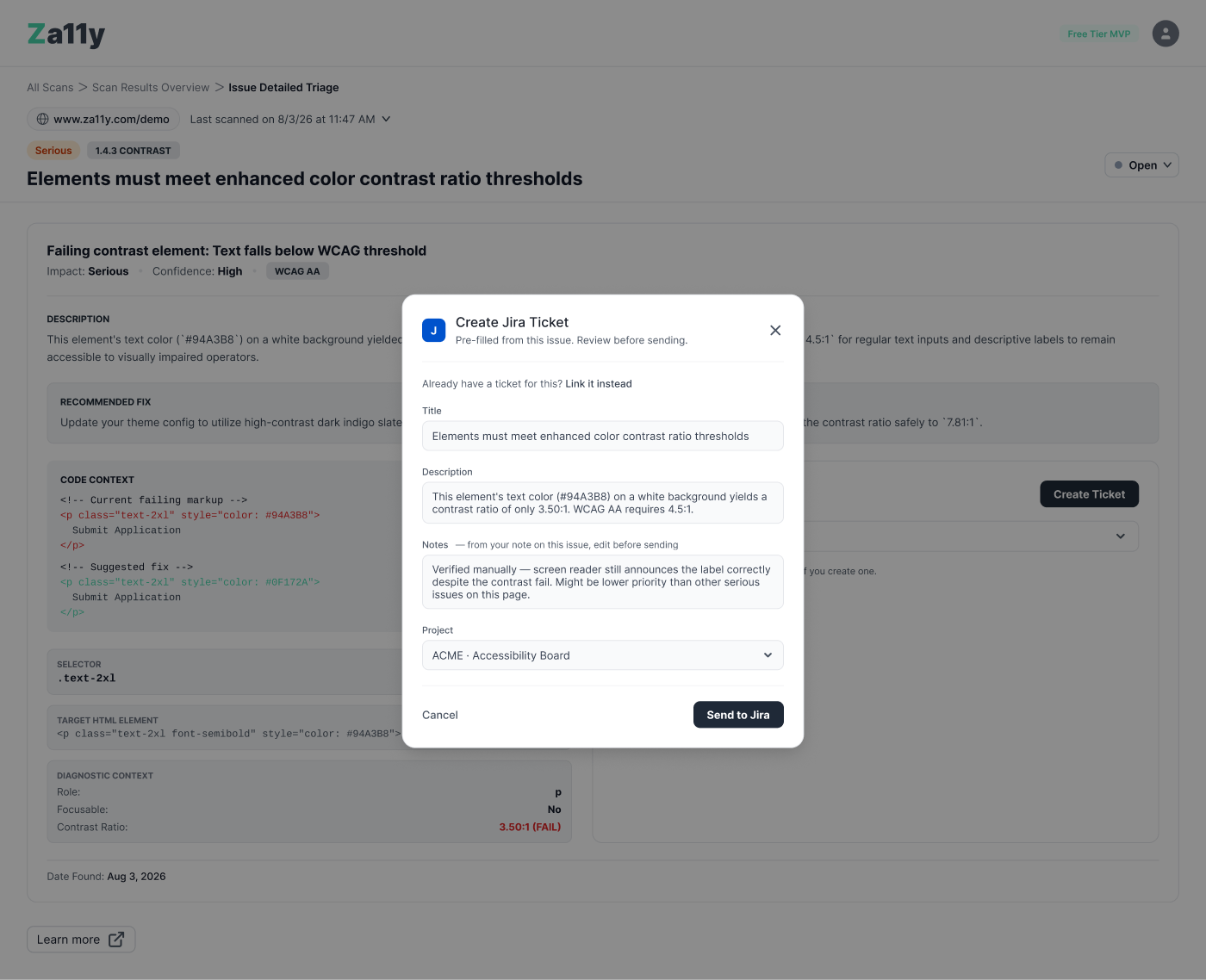 Create Jira Ticket modal pre-filled with the issue title, description, and notes