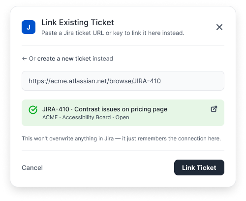 Link Existing Ticket modal showing a resolved ticket preview before confirming