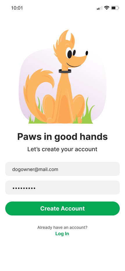 Dog walking app create account screen with dog illustration