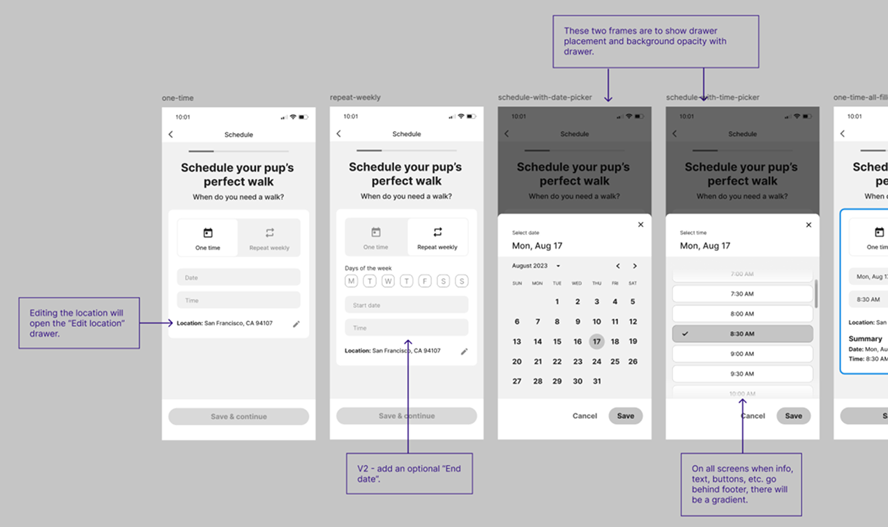 Dog walking app wireframes