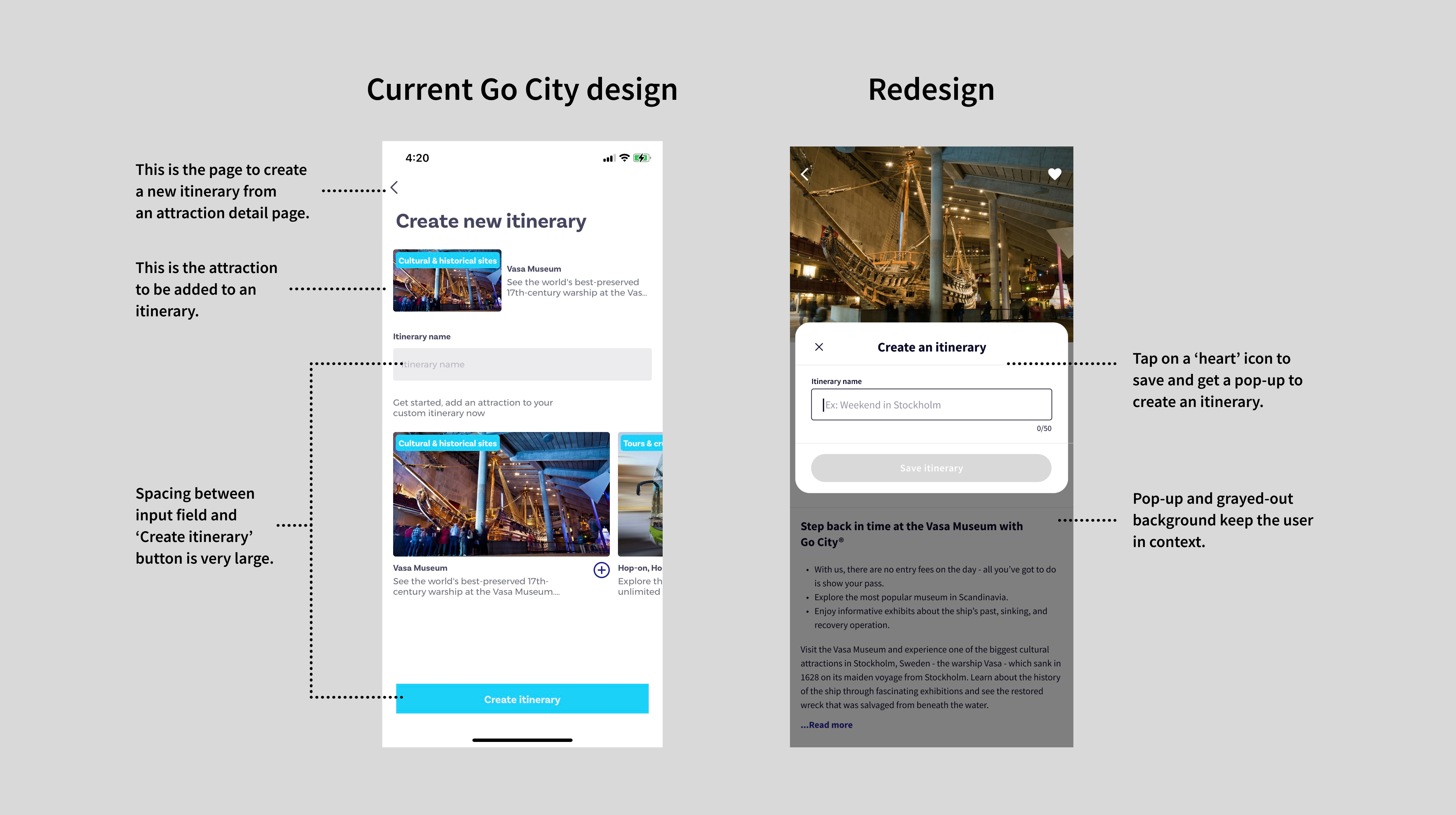 Comparing the current and redesigned Go City app individual attraction to save flow