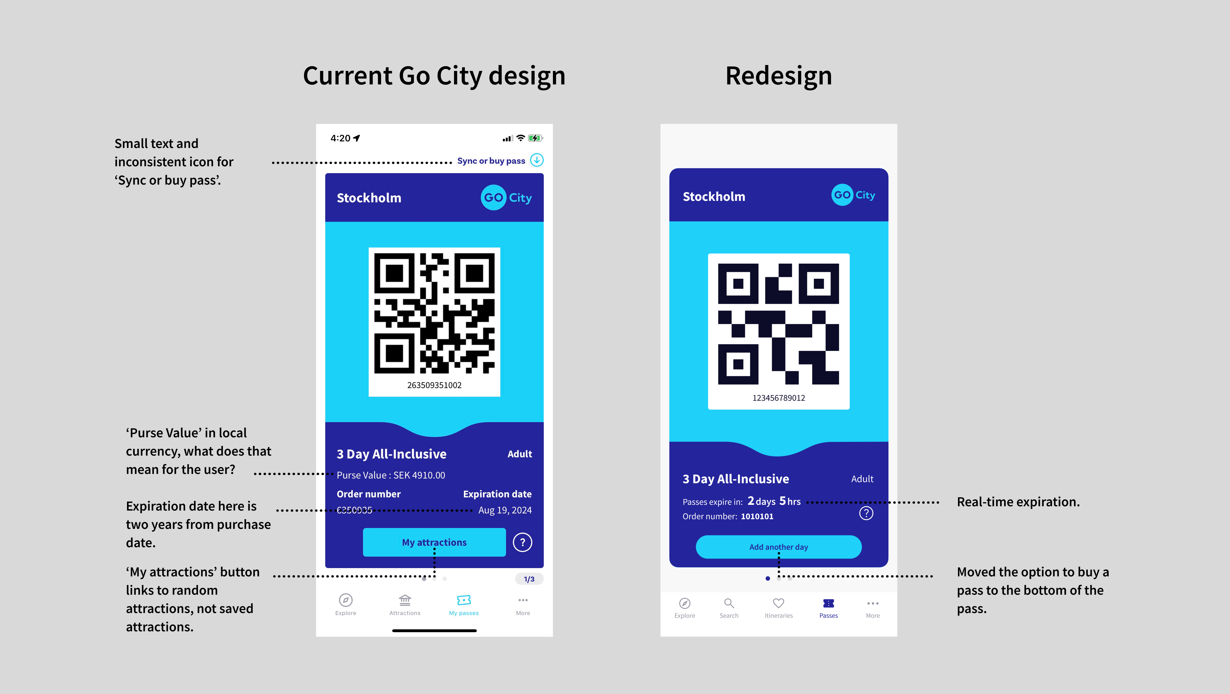 Comparing the current and redesigned Go City app passes and expiration flow