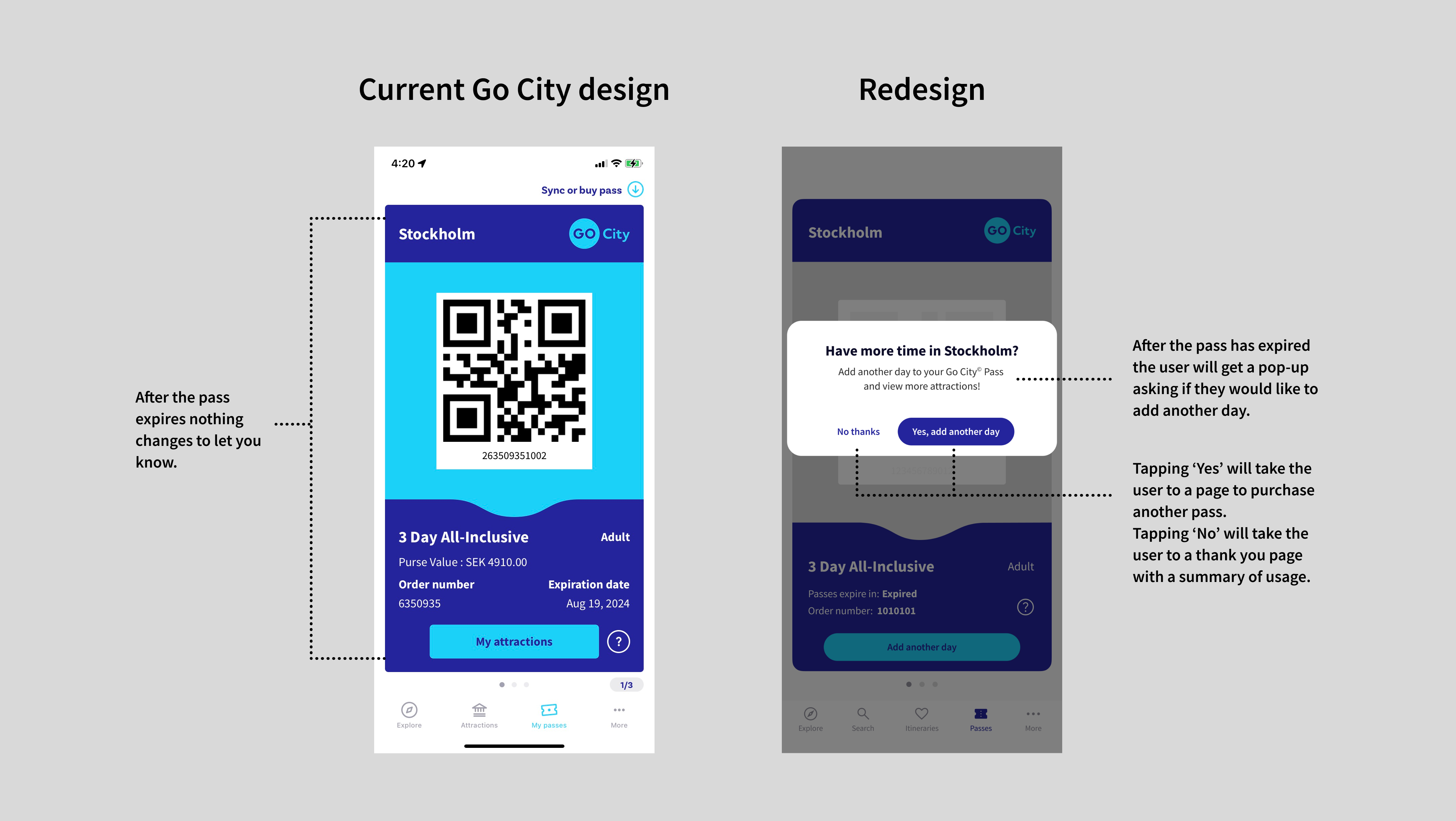 Comparing the current and redesigned Go City app after expired pass flow