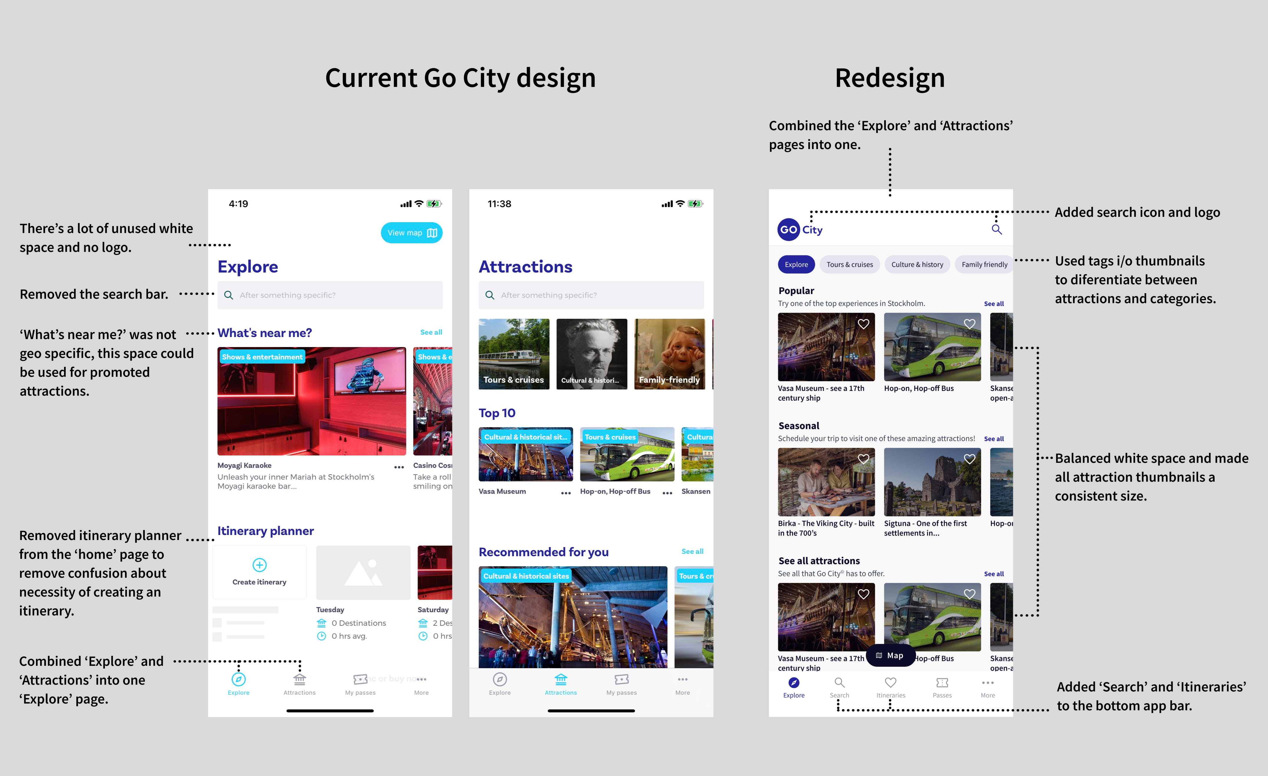 Comparing the current and redesigned Go City app homepages