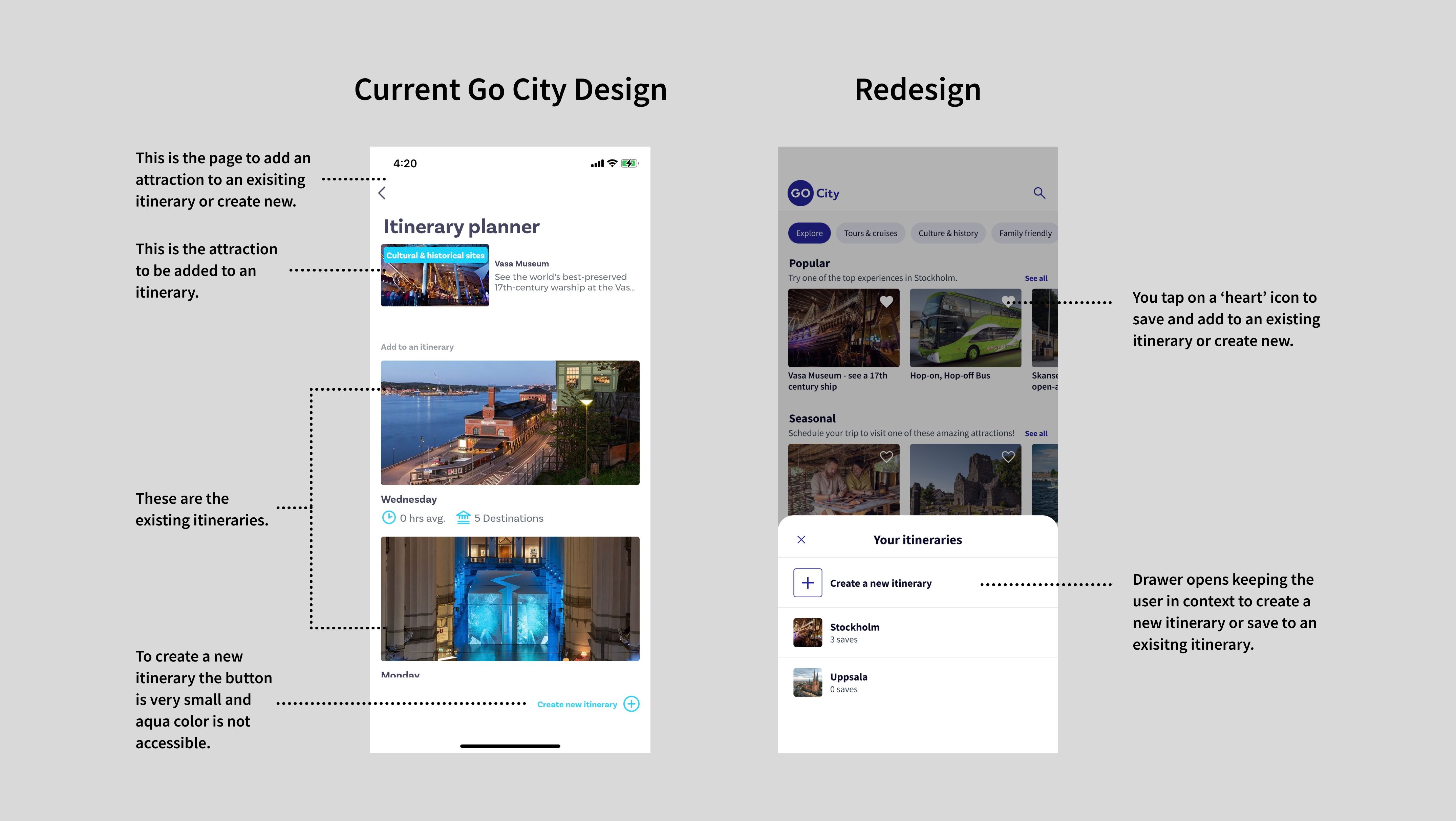 Comparing the current and redesigned Go City app save to itinerary flow